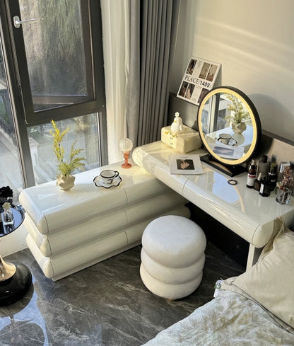 Hommie Cream Stacked Curve Vanity Set with Round Mirror HBMB017 2