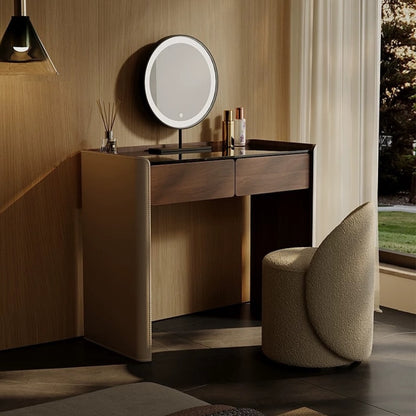 Hommie Walnut Drawer Dressing Table Set with Round Mirror and Stool HBMB016 2