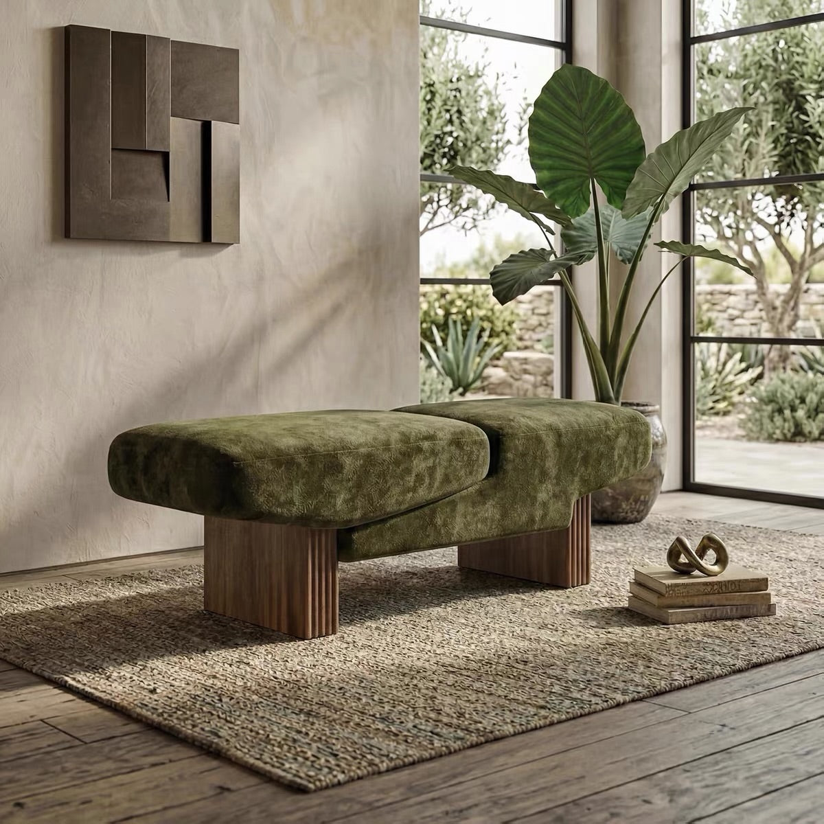Hommie Fluted Base Fabric Bench HBBE028 2