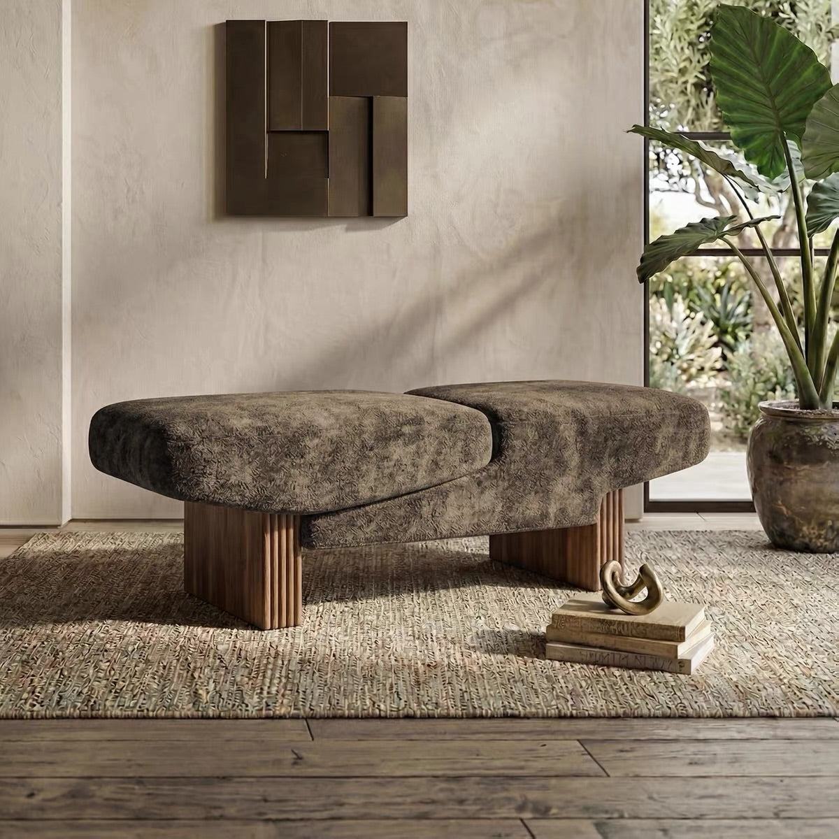 Hommie Fluted Base Fabric Bench HBBE028 1