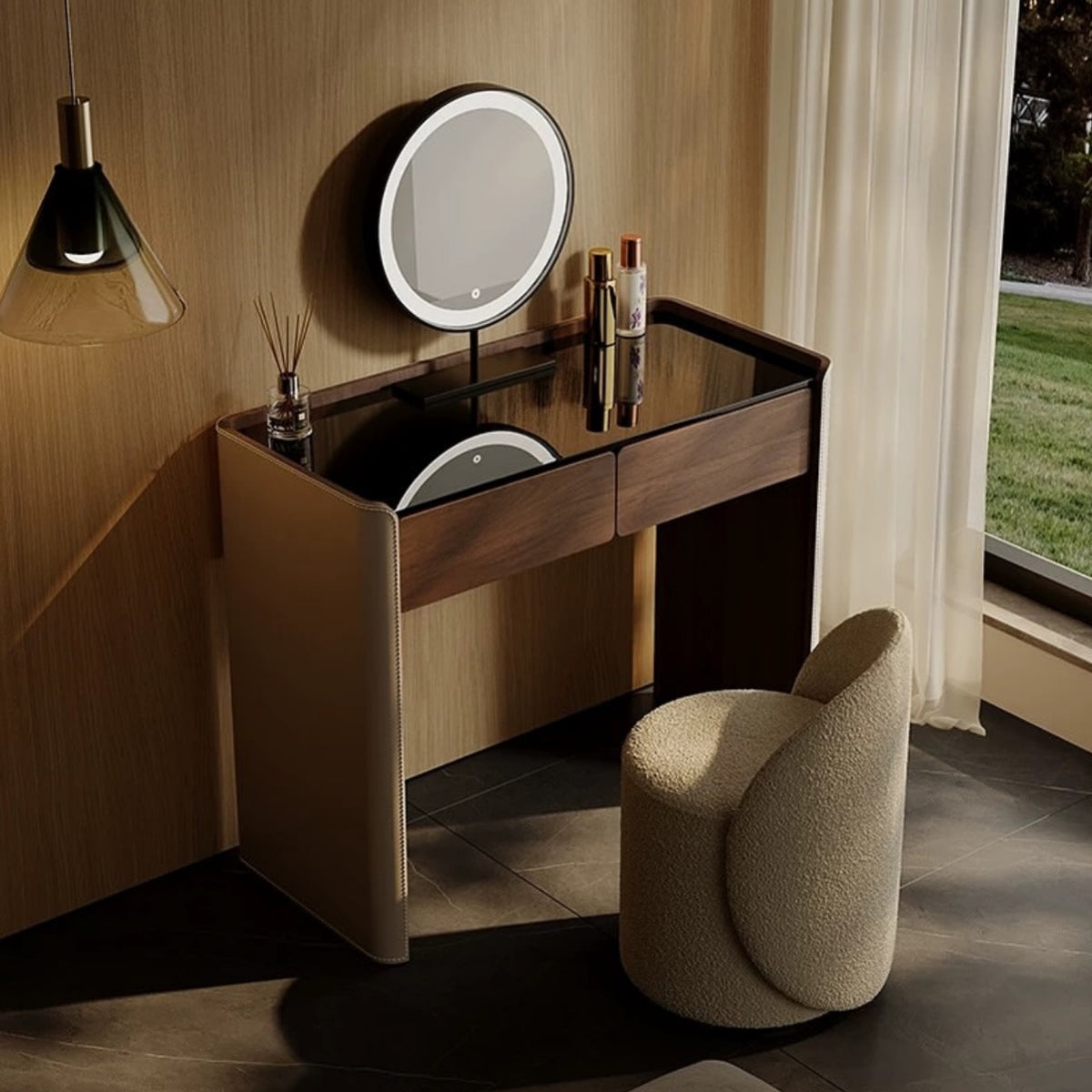 Hommie Walnut Drawer Dressing Table Set with Round Mirror and Stool HBMB016 1