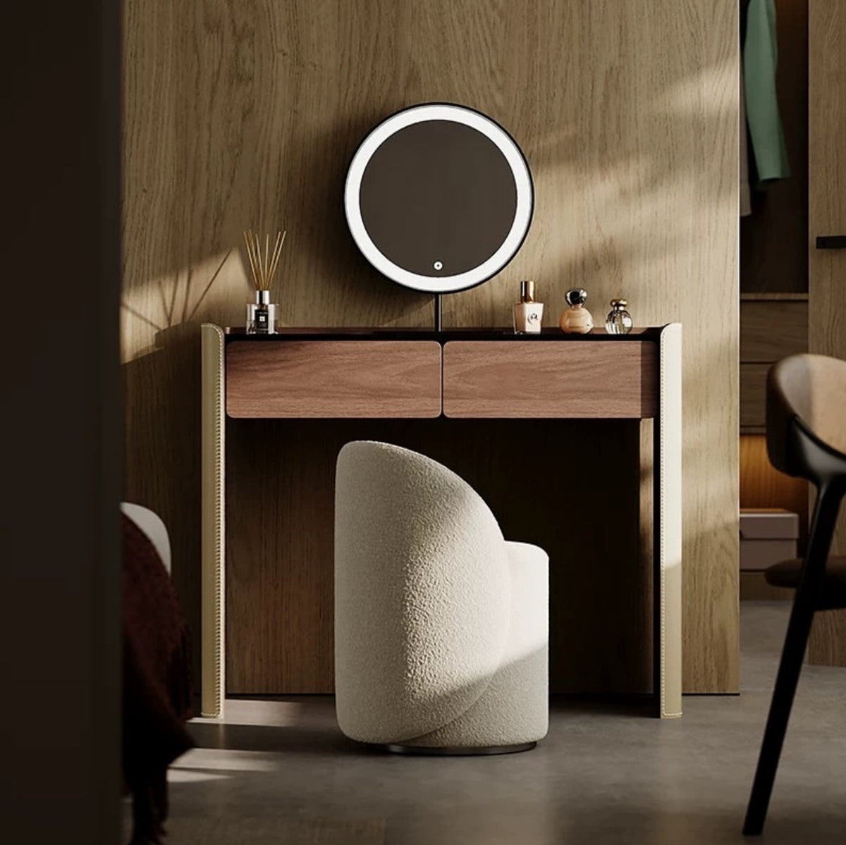 Hommie Walnut Drawer Dressing Table Set with Round Mirror and Stool HBMB016 3