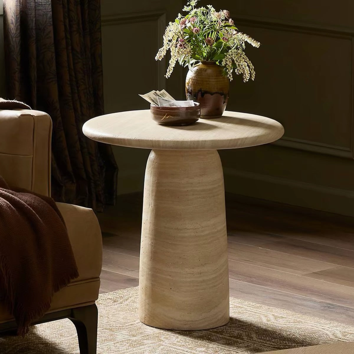 Hommie Travertine Round Pedestal Side Table HBLC033 1