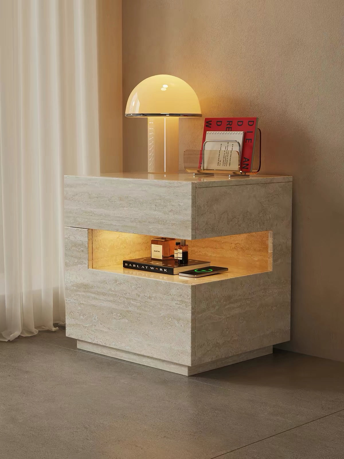 Hommie Travertine Look Side Table with Lit Niche HBLC028 4