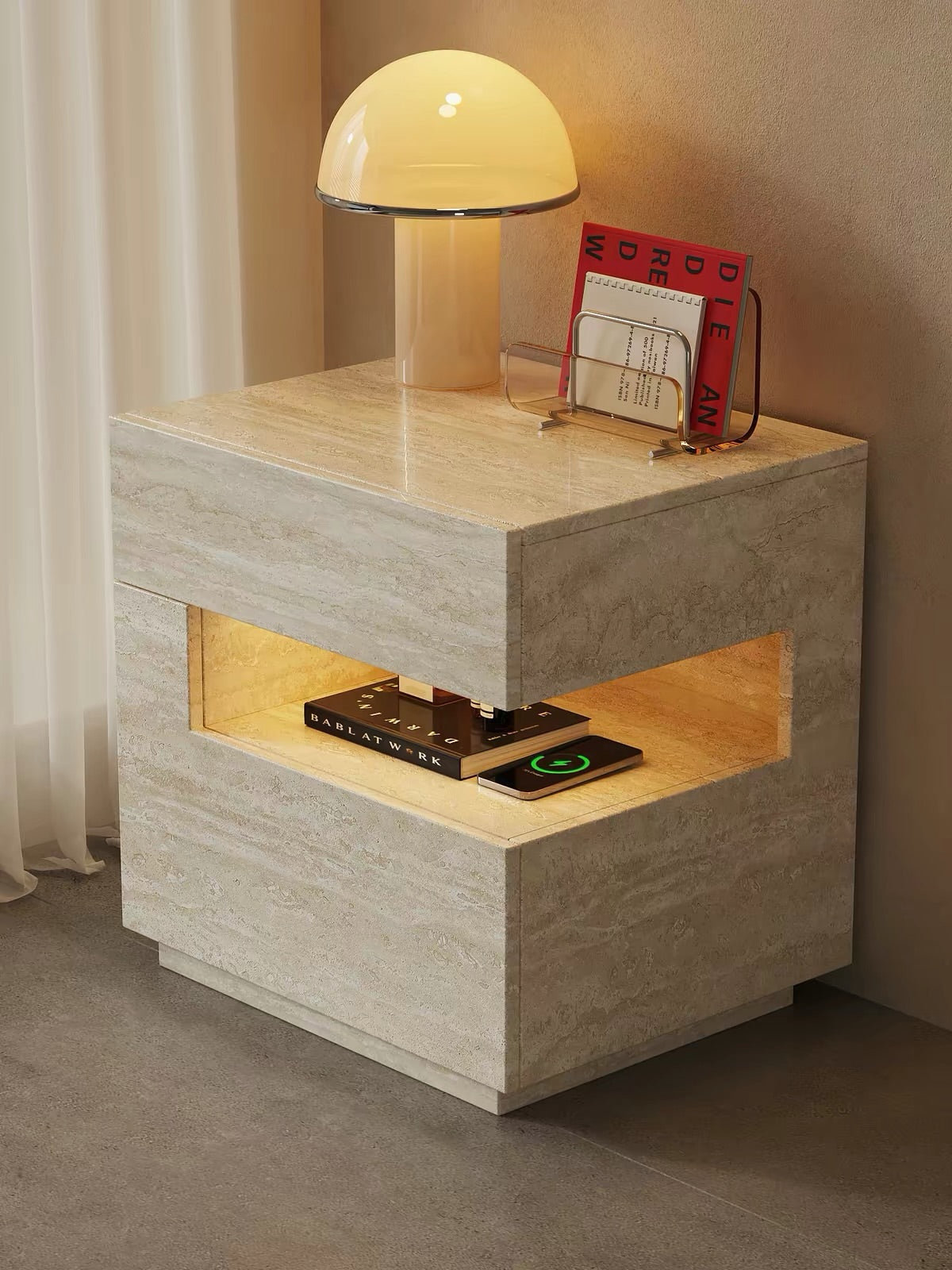 Hommie Travertine Look Side Table with Lit Niche HBLC028 2