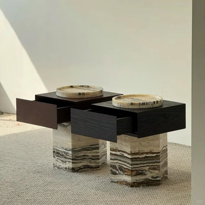 Hommie Marble Base Wood Drawer Side Table HBLC026 1