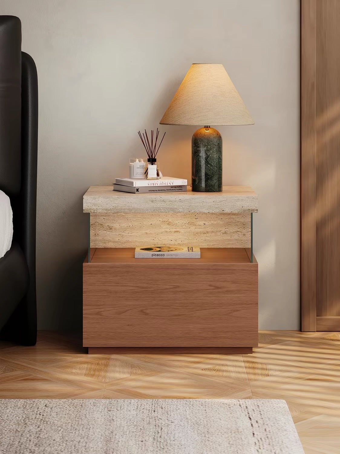 Hommie Stone Top Wood Drawer Side Table HBLC019 2