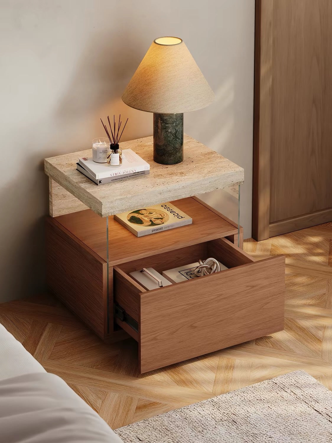 Hommie Stone Top Wood Drawer Side Table HBLC019 3