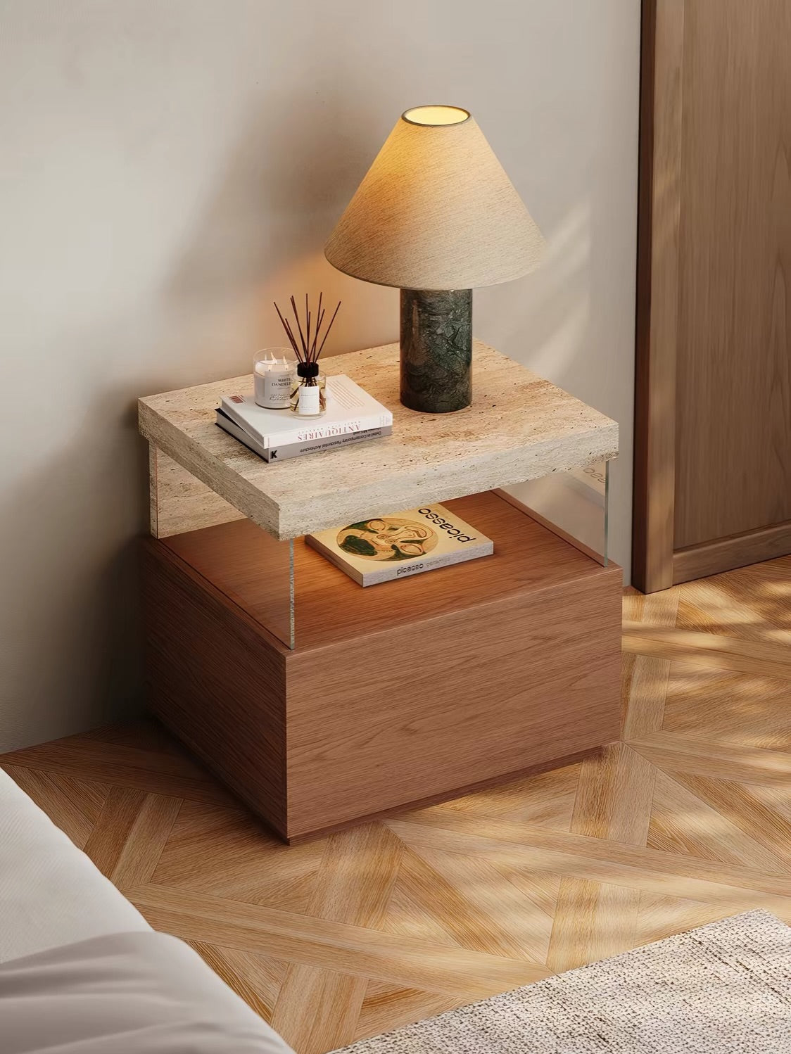 Hommie Stone Top Wood Drawer Side Table HBLC019 1