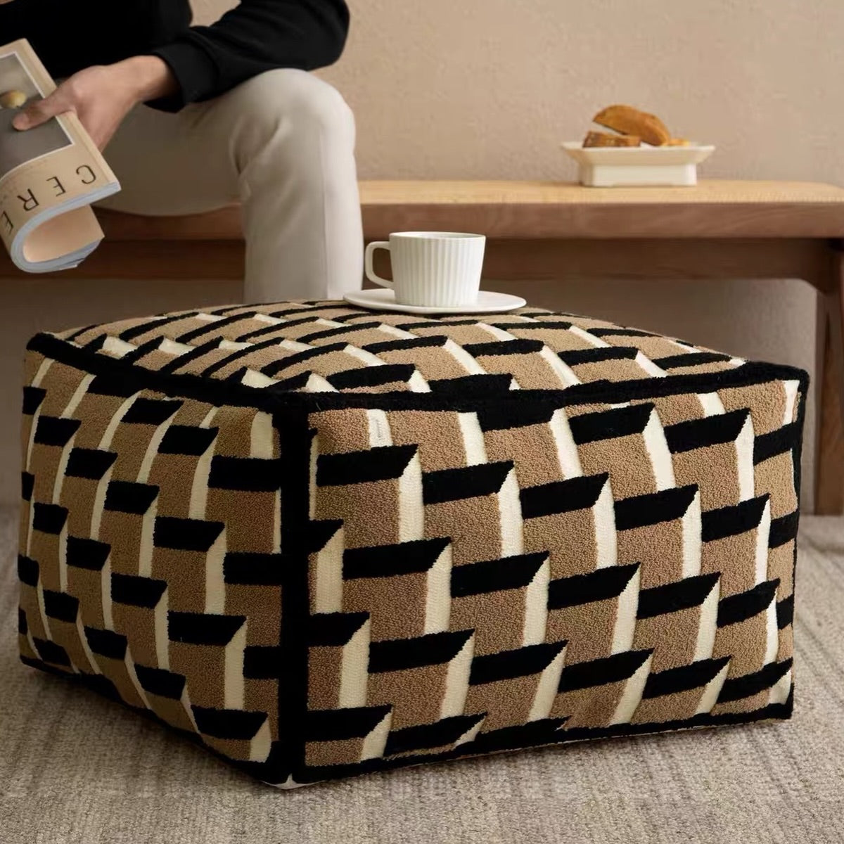 Hommie Geometric Tufted Square Pouf HBST028 1